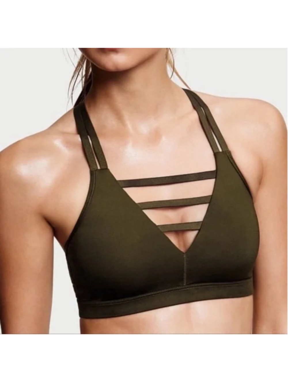 Victoria's Secret Women's Strappy Plunge Sports Bra Olive Green Size 32B